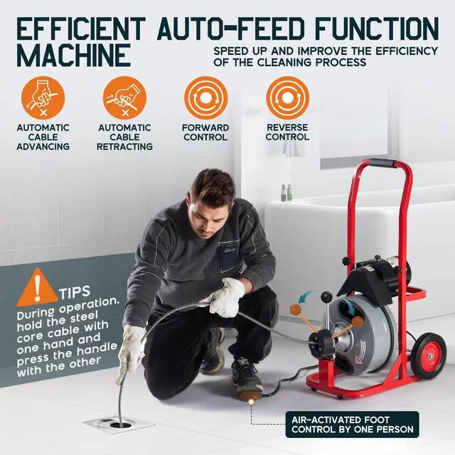Alt view image 5 of 6 - 50 FT x 1/2 inch Electric Drain Cleaner Machine with Auto-Feed & 10 Cutters, Sewer Snake Auger for 14 Inch Pipes, Foot Switch & Wheels, Ideal for Home & Commercial Use, Gray/Red