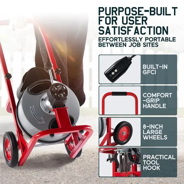 Alt view image 6 of 6 - 50 FT x 1/2 inch Electric Drain Cleaner Machine with Auto-Feed & 10 Cutters, Sewer Snake Auger for 14 Inch Pipes, Foot Switch & Wheels, Ideal for Home & Commercial Use, Gray/Red