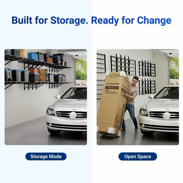 Alt view image 4 of 6 - Fold-Down 2x6ft Garage Wall Shelving, 4-Pack Heavy Duty Folding Garage Shelving Wall Mounted, 1800 lbs Capacity, Storage for Power Tools, Garden Supplies & Seasonal Storage, Lite Series