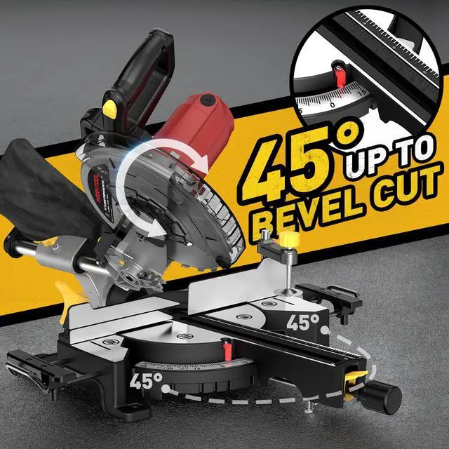 Alt view image 3 of 6 - 10-inch Sliding Compound Miter Saw, 5000RPM, 15 Amp, Single Bevel 0-45° with Extension Table, 36T Blade, Power Saw for Metal, Plastic, Wood, Laminates