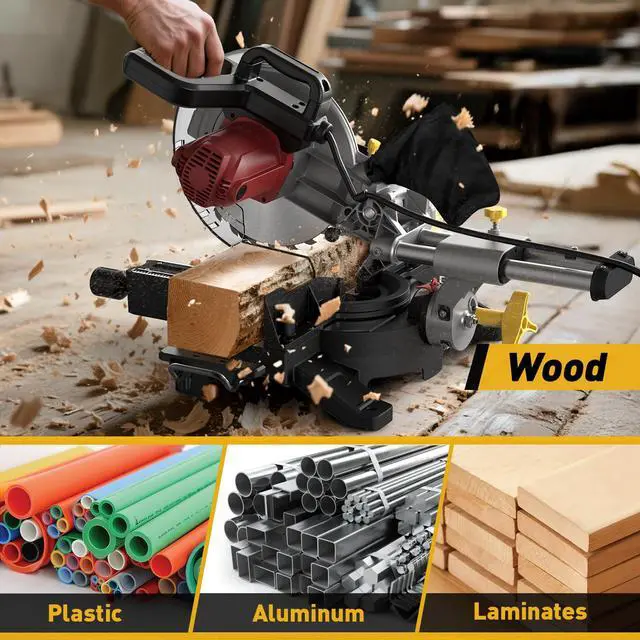 Alt view image 4 of 6 - 10-inch Sliding Compound Miter Saw, 5000RPM, 15 Amp, Single Bevel 0-45° with Extension Table, 36T Blade, Power Saw for Metal, Plastic, Wood, Laminates