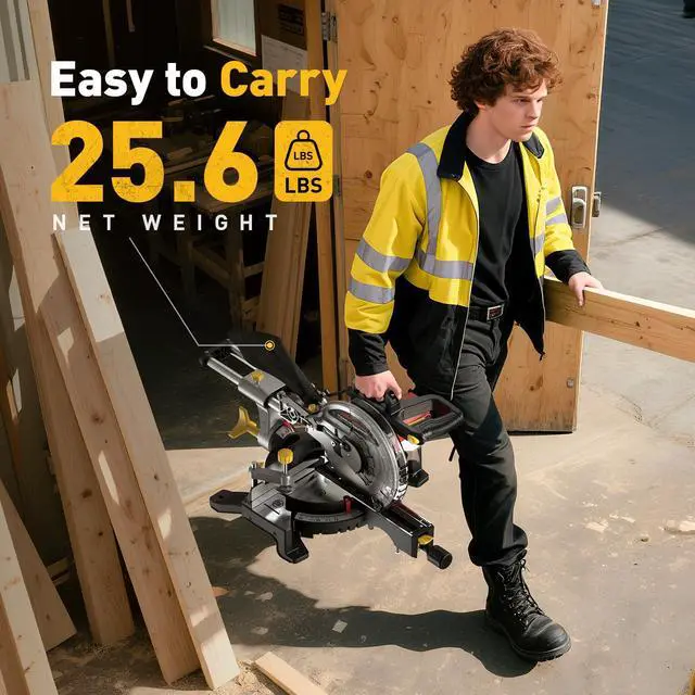 Alt view image 5 of 6 - 10-inch Sliding Compound Miter Saw, 5000RPM, 15 Amp, Single Bevel 0-45° with Extension Table, 36T Blade, Power Saw for Metal, Plastic, Wood, Laminates