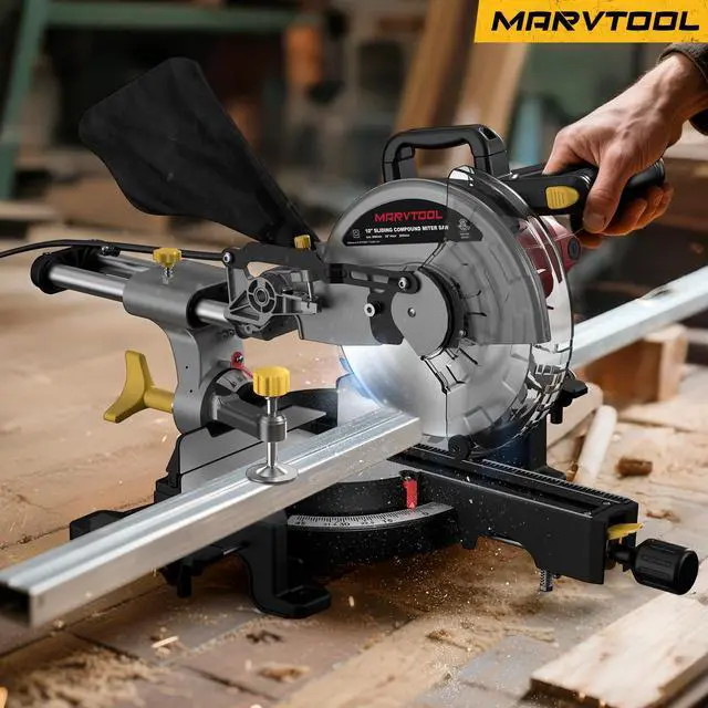 Alt view image 6 of 6 - 10-inch Sliding Compound Miter Saw, 5000RPM, 15 Amp, Single Bevel 0-45° with Extension Table, 36T Blade, Power Saw for Metal, Plastic, Wood, Laminates