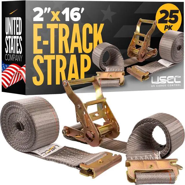 Main image of E Track Straps 2" x 16' (25-Pack), 4,400 LBS Break Strength, Gray Heavy Duty E Track Ratchet Straps with 4' Fixed End and Spring E-Fittings, Logistic Tiedowns for Box Trucks, Vans