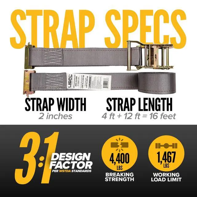 Alt view image 2 of 6 - E Track Straps 2" x 16' (25-Pack), 4,400 LBS Break Strength, Gray Heavy Duty E Track Ratchet Straps with 4' Fixed End and Spring E-Fittings, Logistic Tiedowns for Box Trucks, Vans