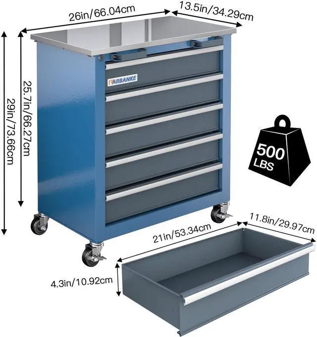 Alt view image 3 of 6 - 5-Drawer Tool Chest, Rolling Tool Chest with Wheels, Foot Pads&Locking System,Mobile Storage Tool Cabinet with Stainless Steel Top,Connect Units for A Large Workstation for Office,Garage&Home