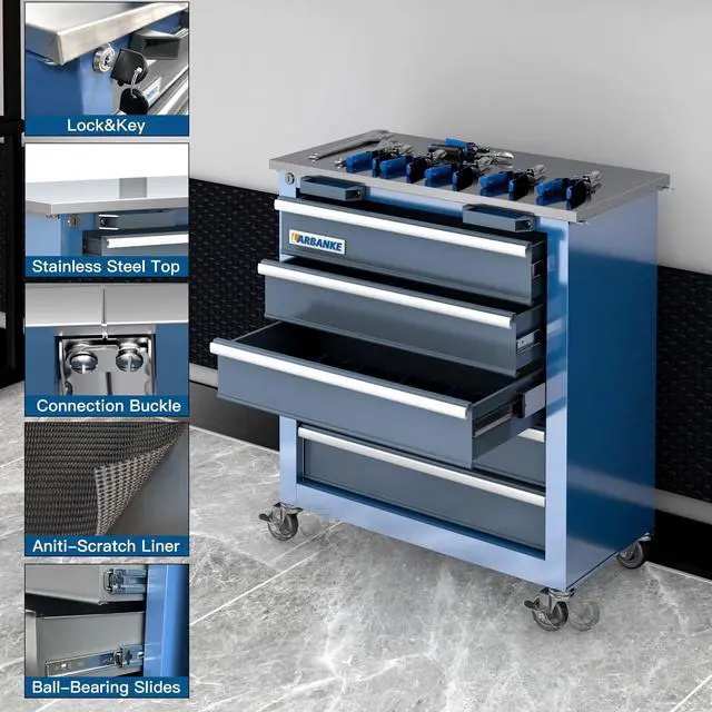 Alt view image 4 of 6 - 5-Drawer Tool Chest, Rolling Tool Chest with Wheels, Foot Pads&Locking System,Mobile Storage Tool Cabinet with Stainless Steel Top,Connect Units for A Large Workstation for Office,Garage&Home