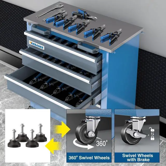 Alt view image 5 of 6 - 5-Drawer Tool Chest, Rolling Tool Chest with Wheels, Foot Pads&Locking System,Mobile Storage Tool Cabinet with Stainless Steel Top,Connect Units for A Large Workstation for Office,Garage&Home