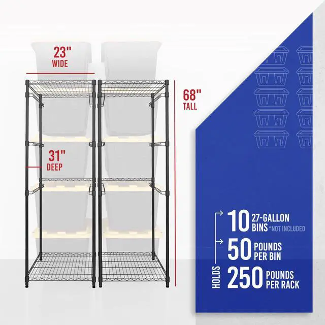 Alt view image 4 of 6 - 2 Pack 5-Tier Steel Tote Rack - Maximize Space, Declutter, Organization, NSF Certified, Bin Storage for Garage, Pantry, Kitchen, Workspace, 5 Shelves, 31 x 23 x 68, Black