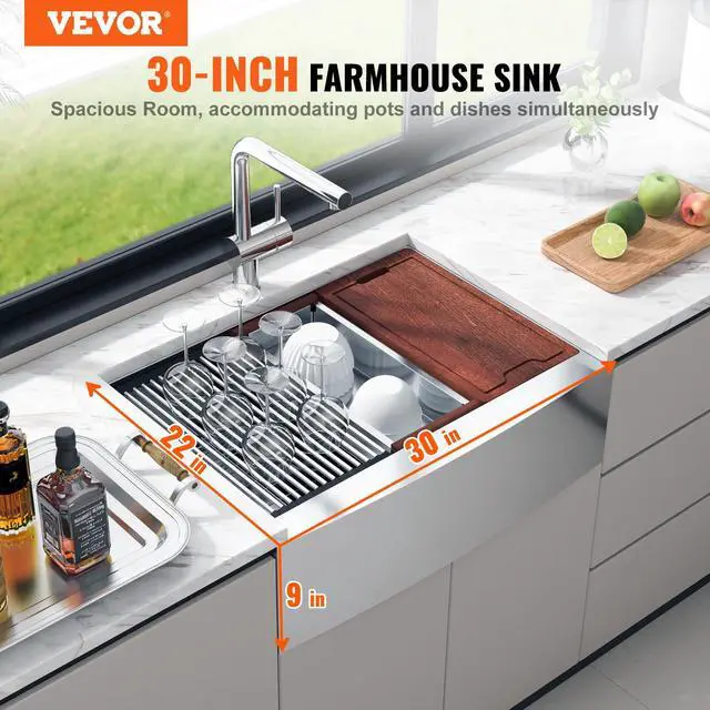 Alt view image 2 of 6 - Farmhouse Kitchen Sink, 304 Stainless Steel Drop-In Sinks, Top Mount Single Bowl Basin with Ledge & Accessories, Household Dishwasher Sinks for Workstation, Prep Kitchen, and Bar Sink, 30 inch