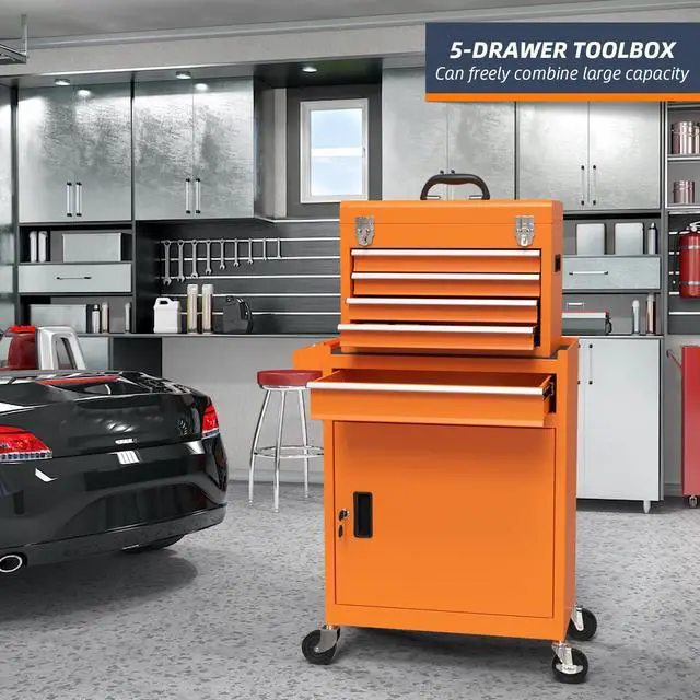 Alt view image 2 of 6 - 5-Drawer High Capacity Rolling Tool Chest, Removable Cabinet Storage Tool Box with Wheels and Drawers, Detachable Toolbox with Lock for Mechanics Garage Workshop and Tool Room (Orange)