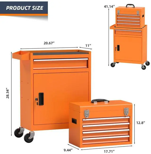 Alt view image 3 of 6 - 5-Drawer High Capacity Rolling Tool Chest, Removable Cabinet Storage Tool Box with Wheels and Drawers, Detachable Toolbox with Lock for Mechanics Garage Workshop and Tool Room (Orange)