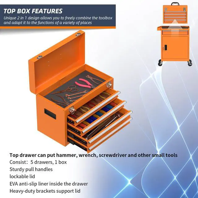 Alt view image 4 of 6 - 5-Drawer High Capacity Rolling Tool Chest, Removable Cabinet Storage Tool Box with Wheels and Drawers, Detachable Toolbox with Lock for Mechanics Garage Workshop and Tool Room (Orange)