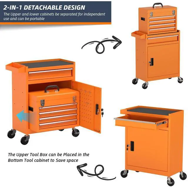 Alt view image 6 of 6 - 5-Drawer High Capacity Rolling Tool Chest, Removable Cabinet Storage Tool Box with Wheels and Drawers, Detachable Toolbox with Lock for Mechanics Garage Workshop and Tool Room (Orange)