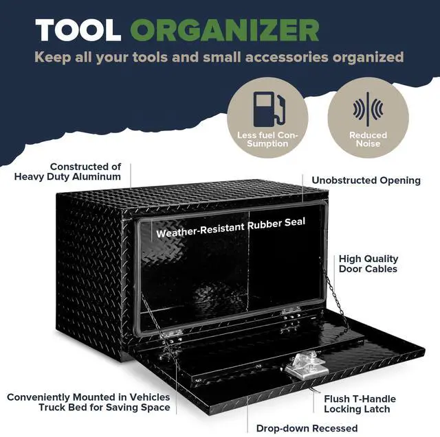 Alt view image 5 of 6 - 30 x 17 x 18 Inch Underbody Tool Box, Heavy Duty Aluminum Diamond Plate Waterproof Square Storage Organizer Chest with T-Handle Lock & Keys for Pickup Truck, RV & Trailer Black