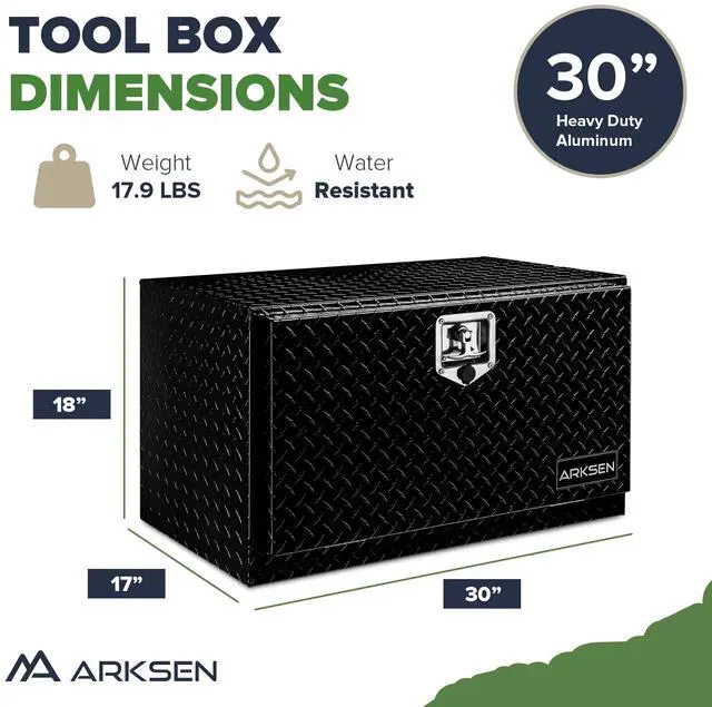 Alt view image 6 of 6 - 30 x 17 x 18 Inch Underbody Tool Box, Heavy Duty Aluminum Diamond Plate Waterproof Square Storage Organizer Chest with T-Handle Lock & Keys for Pickup Truck, RV & Trailer Black