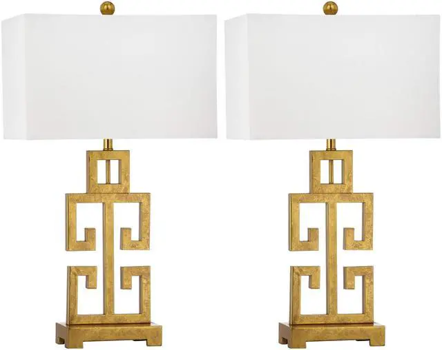Main image of Lighting Collection Greek Key Table Lamp Set of 2 Antique Gold Metal Base with White Fabric Shade, LED Bulbs Included, 29-Inch Bedroom Living Room Desk Lamps (LIT4305A-SET2)