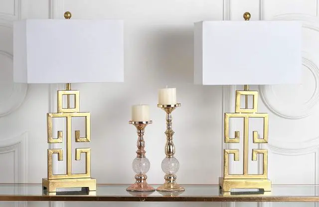 Alt view image 2 of 3 - Lighting Collection Greek Key Table Lamp Set of 2 Antique Gold Metal Base with White Fabric Shade, LED Bulbs Included, 29-Inch Bedroom Living Room Desk Lamps (LIT4305A-SET2)