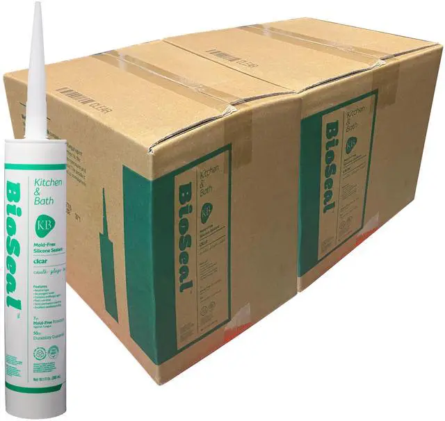 Main image of Clear BioSeal 100% Silicone Sealant Caulk Kitchen and Bath Grade, Waterproof and No Odor No Color Change 10.1 Ounce Cartridge, 50 Clear Tubes Set / 2 Boxes
