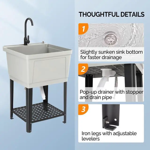 Alt view image 4 of 6 - Utility Sink Laundry Tub for Washing Room, Freestanding Utility Sink with Stainless Steel Faucet (23.6"W×23.6"D×36.2"H, Grey)