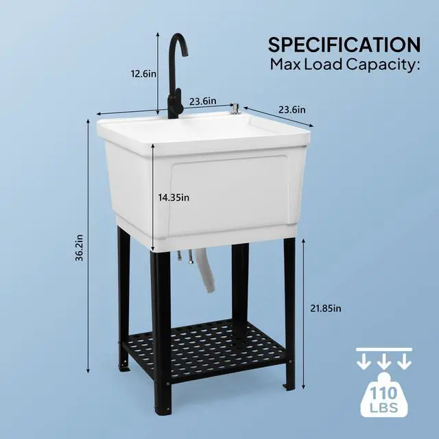 Alt view image 2 of 6 - 21-Gallon Utility Sink Laundry Tub for Washing Room, 23.6"×23.6"×36.2" Freestanding Utility Sink with Stainless Steel Faucet, White
