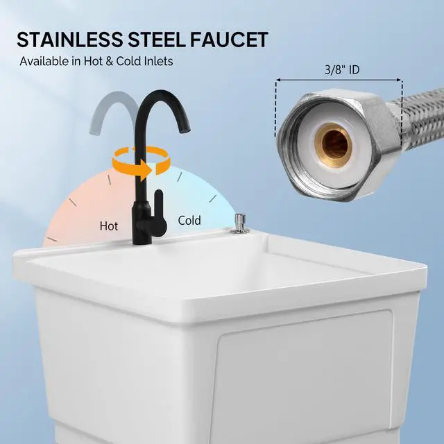 Alt view image 3 of 6 - 21-Gallon Utility Sink Laundry Tub for Washing Room, 23.6"×23.6"×36.2" Freestanding Utility Sink with Stainless Steel Faucet, White