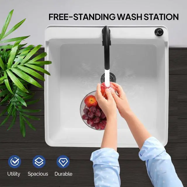 Alt view image 4 of 6 - 21-Gallon Utility Sink Laundry Tub for Washing Room, 23.6"×23.6"×36.2" Freestanding Utility Sink with Stainless Steel Faucet, White