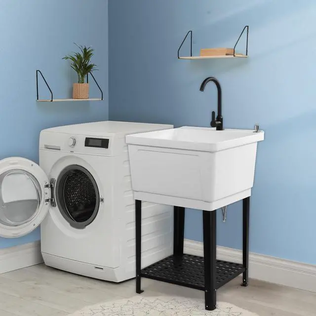 Alt view image 5 of 6 - 21-Gallon Utility Sink Laundry Tub for Washing Room, 23.6"×23.6"×36.2" Freestanding Utility Sink with Stainless Steel Faucet, White