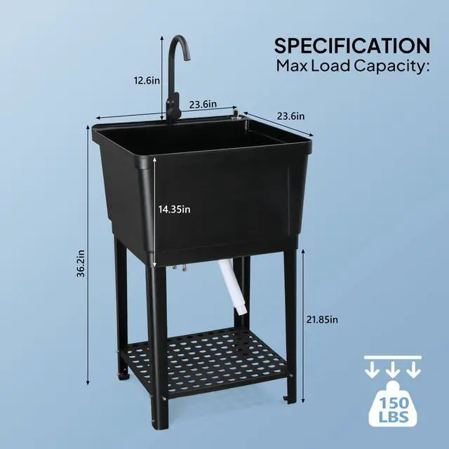Alt view image 2 of 6 - 21-Gallon Utility Sink Laundry Tub for Washing Room, 23.6"×23.6"×36.2" Freestanding Utility Sink with Stainless Steel Faucet, Black