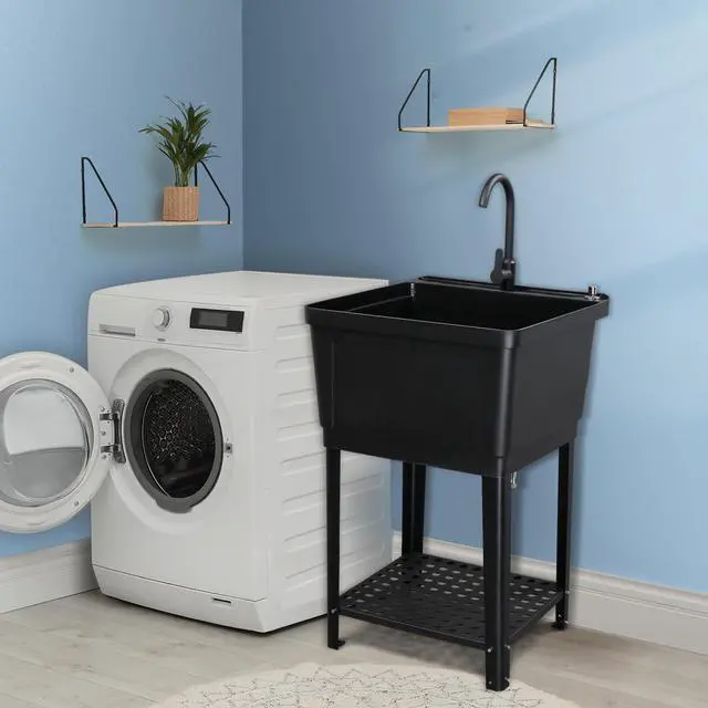 Alt view image 5 of 6 - 21-Gallon Utility Sink Laundry Tub for Washing Room, 23.6"×23.6"×36.2" Freestanding Utility Sink with Stainless Steel Faucet, Black