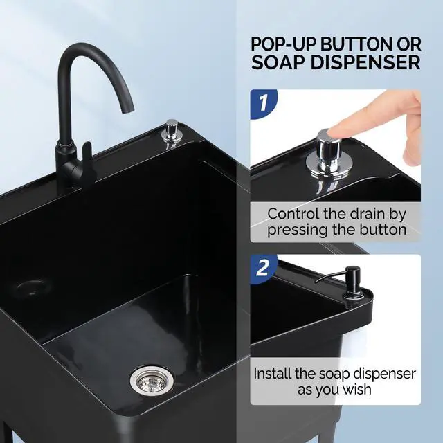 Alt view image 6 of 6 - 21-Gallon Utility Sink Laundry Tub for Washing Room, 23.6"×23.6"×36.2" Freestanding Utility Sink with Stainless Steel Faucet, Black