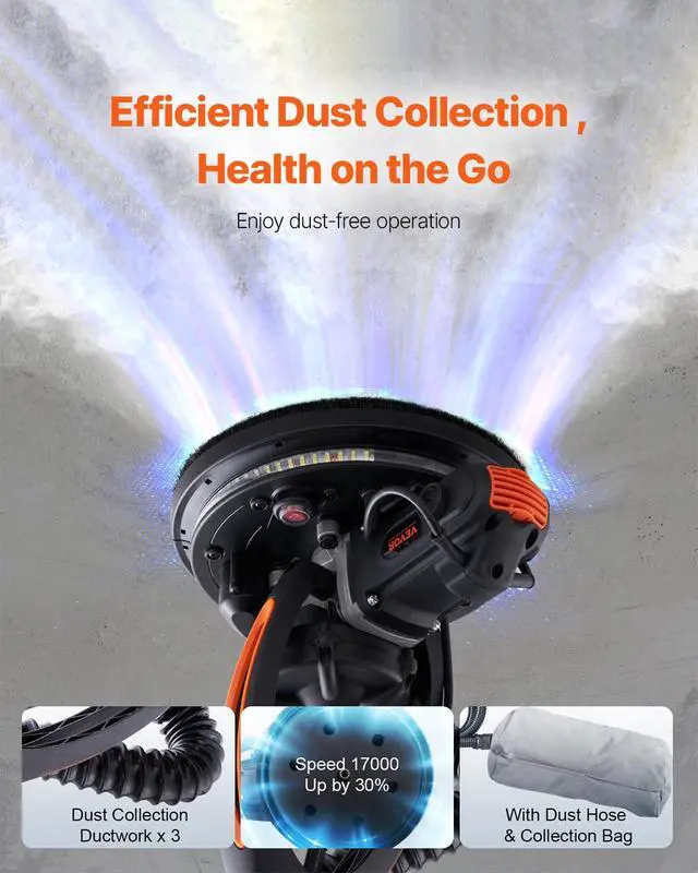 Alt view image 4 of 6 - Wall Smoother, 900W Electric Tool with 12 Sanding Discs, 800 to 1800 RPM Speed, 3 Vacuum Hoses, Collapsible for Ceiling Use, Dual LED Lights, Telescoping Handle, and Built-in Dust Collector
