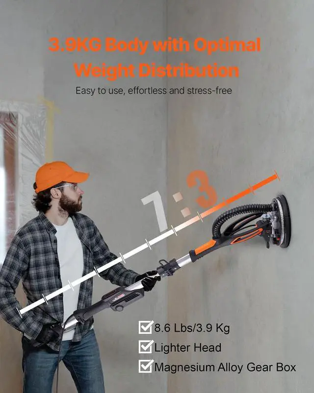 Alt view image 5 of 6 - Wall Smoother, 900W Electric Tool with 12 Sanding Discs, 800 to 1800 RPM Speed, 3 Vacuum Hoses, Collapsible for Ceiling Use, Dual LED Lights, Telescoping Handle, and Built-in Dust Collector