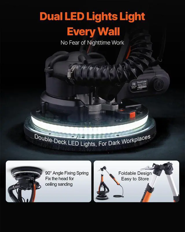 Alt view image 6 of 6 - Wall Smoother, 900W Electric Tool with 12 Sanding Discs, 800 to 1800 RPM Speed, 3 Vacuum Hoses, Collapsible for Ceiling Use, Dual LED Lights, Telescoping Handle, and Built-in Dust Collector