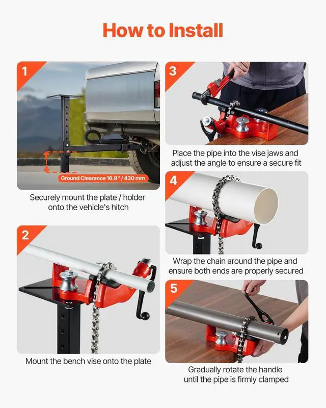 Alt view image 6 of 6 - Heavy-Duty Pipe Chain Vise, 1/8" - 5" Pipe Capacity, 26" Rugged Chain & Cast Iron Base, Hitch Mount Vise Plate Holder With Adjustable Height - Fits 2 inch x 2 inch Receiver