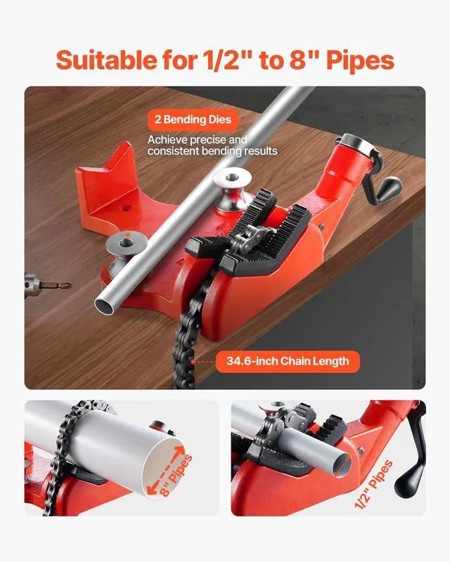 Alt view image 2 of 6 - Heavy-Duty Pipe Chain Vise, 1/2" - 8" Pipe Capacity, 34.6" Rugged Chain & Cast Iron Base, Industrial-Grade Pipe Clamping for Plumbing, Automotive Repairs, Metalworking