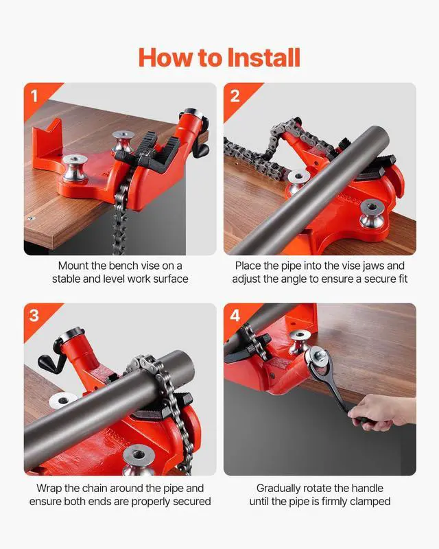 Alt view image 5 of 6 - Heavy-Duty Pipe Chain Vise, 1/2" - 8" Pipe Capacity, 34.6" Rugged Chain & Cast Iron Base, Industrial-Grade Pipe Clamping for Plumbing, Automotive Repairs, Metalworking