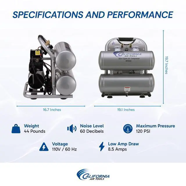 Alt view image 5 of 6 - CAT-4610AC Ultra Quiet & Oil-Free 1.0 hp 4.6 gallon Aluminum Twin Tank Electric Portable Air Compressor, Silver