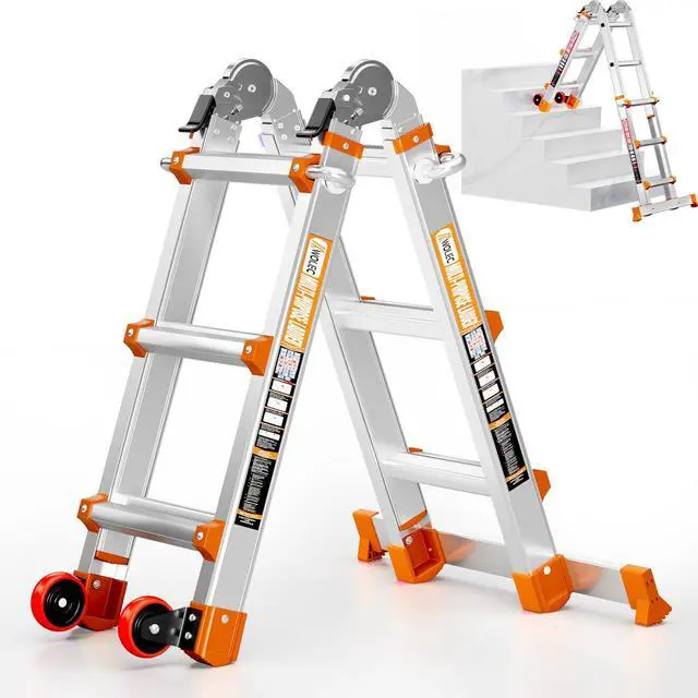 Main image of 11 FT Multi-Position Telescoping Ladder with Wheels, Orange | 5-in-1 modes, aluminum alloy frame, locking hinges, anti-slip feet, compact fold for indoor DIY and storage