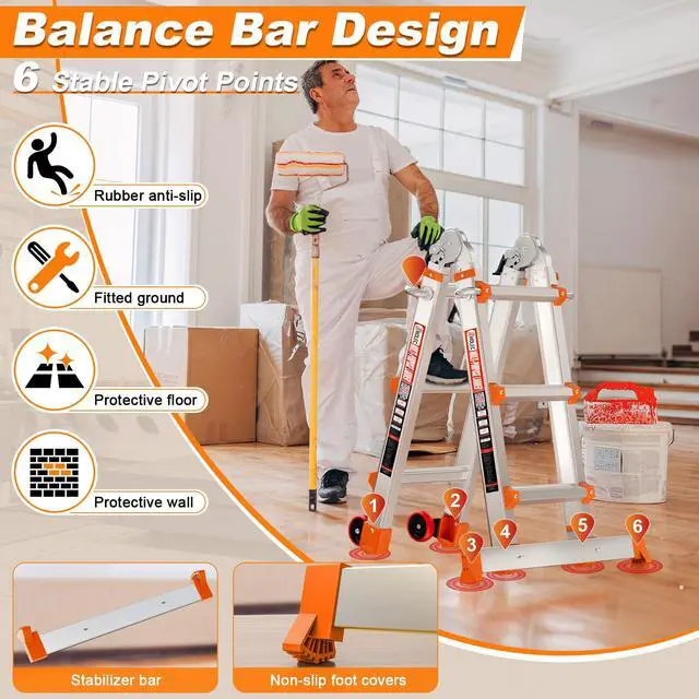 Alt view image 3 of 6 - 11 FT Multi-Position Telescoping Ladder with Wheels, Orange | 5-in-1 modes, aluminum alloy frame, locking hinges, anti-slip feet, compact fold for indoor DIY and storage