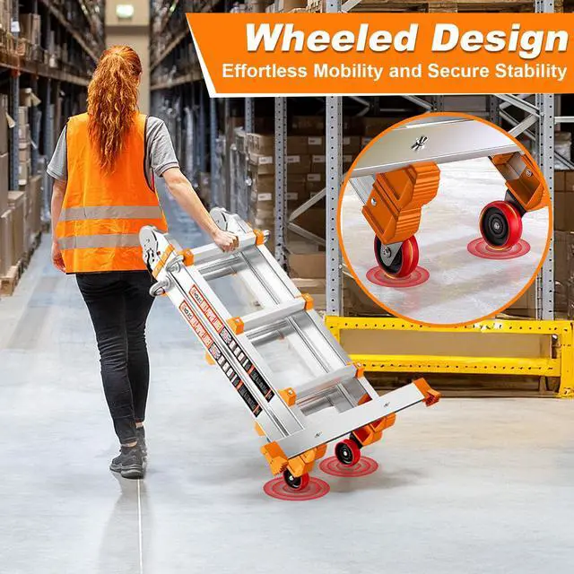 Alt view image 4 of 6 - 11 FT Multi-Position Telescoping Ladder with Wheels, Orange | 5-in-1 modes, aluminum alloy frame, locking hinges, anti-slip feet, compact fold for indoor DIY and storage