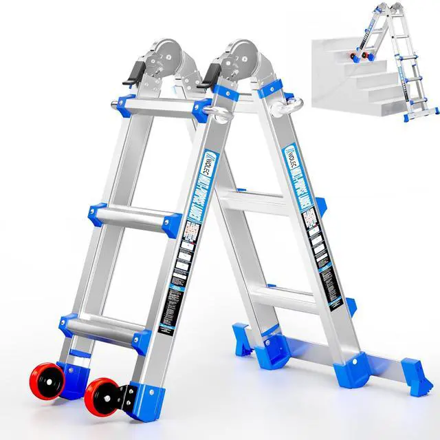 Main image of 11 FT Multi-Position Telescoping Ladder with Wheels, Blue | 5-in-1 modes, aluminum alloy frame, locking hinges, anti-slip feet, compact fold for indoor DIY and storage