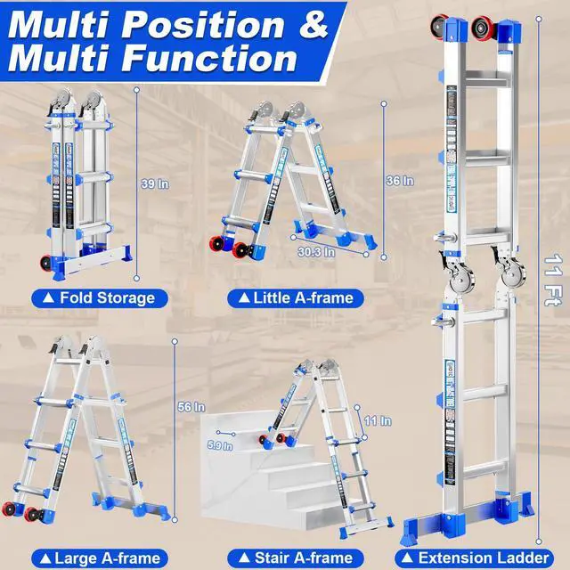 Alt view image 2 of 6 - 11 FT Multi-Position Telescoping Ladder with Wheels, Blue | 5-in-1 modes, aluminum alloy frame, locking hinges, anti-slip feet, compact fold for indoor DIY and storage