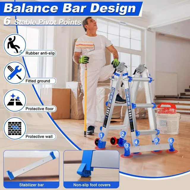 Alt view image 3 of 6 - 11 FT Multi-Position Telescoping Ladder with Wheels, Blue | 5-in-1 modes, aluminum alloy frame, locking hinges, anti-slip feet, compact fold for indoor DIY and storage