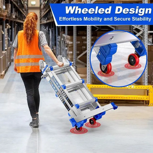 Alt view image 4 of 6 - 11 FT Multi-Position Telescoping Ladder with Wheels, Blue | 5-in-1 modes, aluminum alloy frame, locking hinges, anti-slip feet, compact fold for indoor DIY and storage