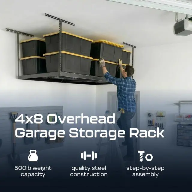 Alt view image 2 of 6 - MonsterRax Overhead Garage Storage Rack - 4 x 8 Ceiling Racks for Garage Shelving, Organization, Adjustable Hanging Storage, Grey, 12"- 21" Height Adjustment
