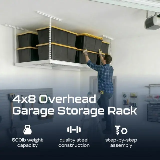 Alt view image 2 of 6 - MonsterRax Overhead Garage Storage Rack - 4 x 8 Ceiling Rack for Garage Racks, Organization Shelving, Adjustable Hanging Shelf, White, 12"-21" Height Adjustment