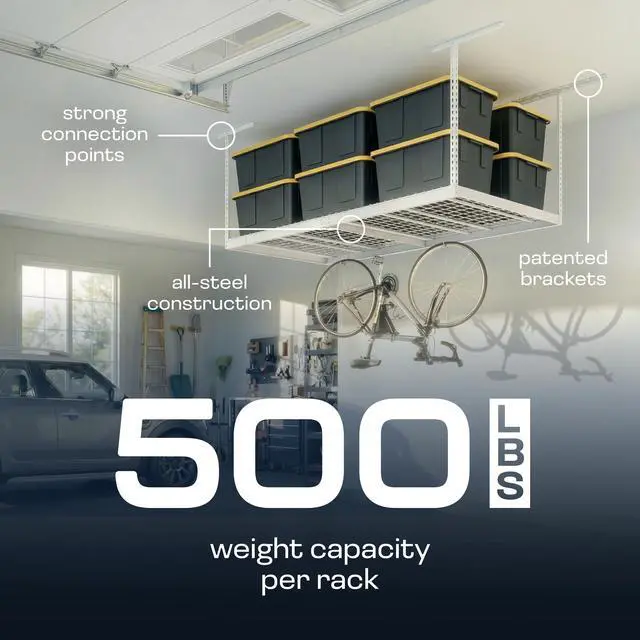 Alt view image 4 of 6 - MonsterRax Overhead Garage Storage Rack - 4 x 8 Ceiling Rack for Garage Racks, Organization Shelving, Adjustable Hanging Shelf, White, 12"-21" Height Adjustment