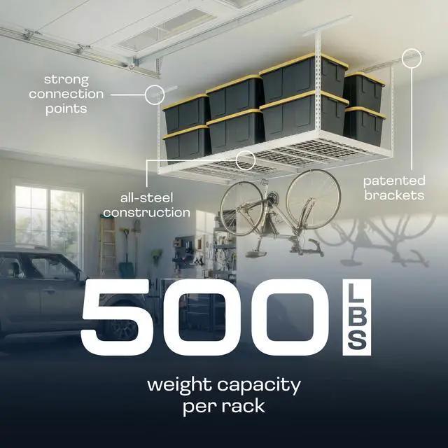 Alt view image 4 of 6 - MonsterRax Overhead Garage Storage Rack - 4 x 8 Ceiling Shelving, Adjustable Hanging Racks, Color: White, 24"-45" Ceiling Drop