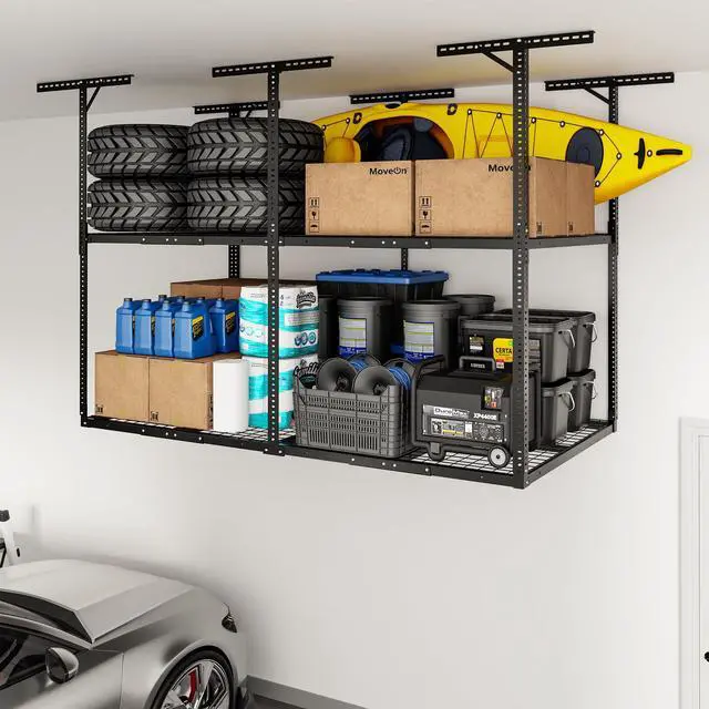 Main image of 4x8 2-Tier Garage Ceiling Storage Rack, Adjustable Overhead Garage Storage System, Heavy Duty Metal Shelving, 1000 lbs Capacity, Ideal for 915 ft High Ceilings, Black